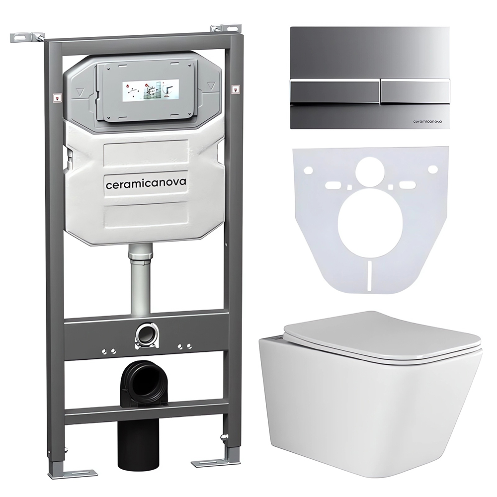 Комплект 4 в 1: Ceramica Nova CN3007_1002M_1000 Унитаз подвесной Metric Rimless + Система инсталляции Envision + Шумоизоляция + Кнопка смыва Flat (хром мат)