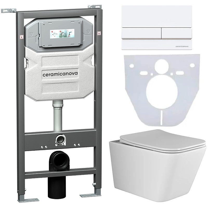 Комплект 4 в 1: Ceramica Nova CN3007_1002W_1000 Унитаз подвесной  Metric Rimless + Система инсталляции Envision + Шумоизоляция + Кнопка смыва Flat (белый)