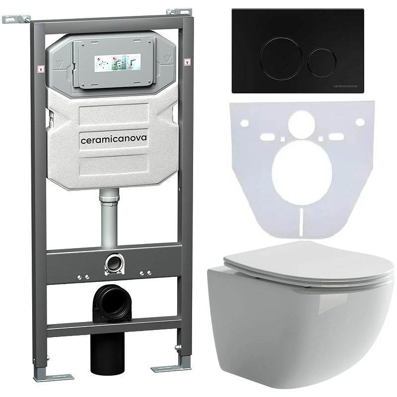 Комплект 4 в 1: Ceramica Nova CN3009_1001B_1000 Унитаз подвесной Forma Rimless + Инсталляция Envision + Шумоизоляция + Кнопка смыва Round (чёрный матовый)