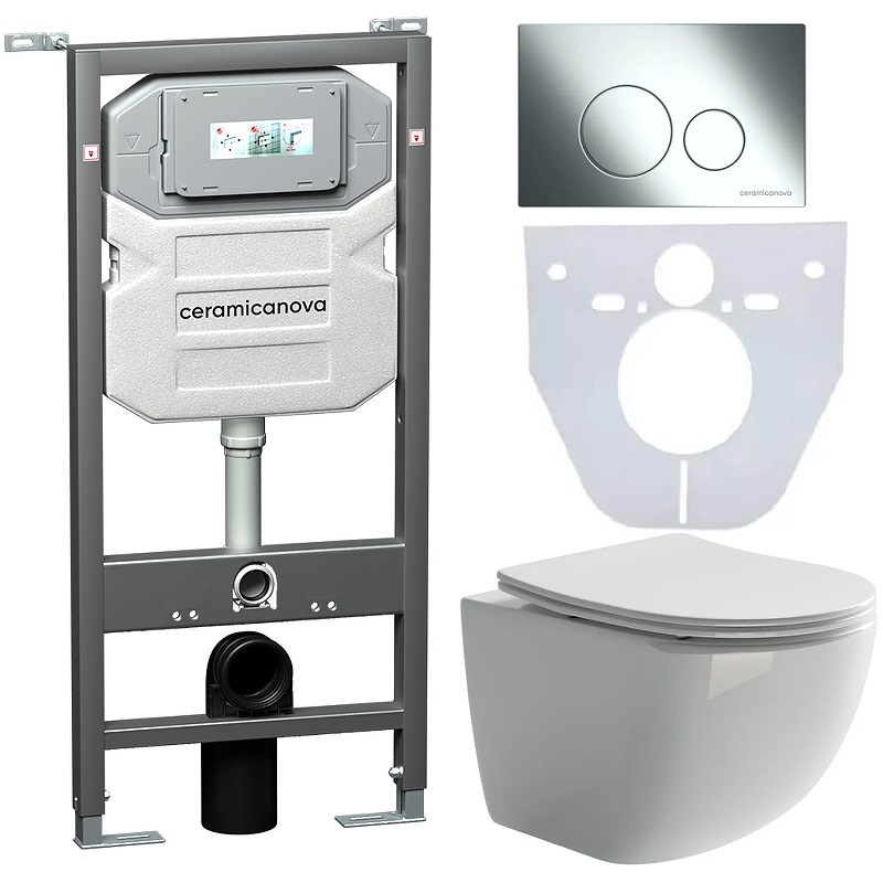Комплект 4 в 1: Ceramica Nova CN3009_1001CH_1000 Унитаз подвесной Forma Rimless + Инсталляция Envision + Шумоизоляция + Кнопка смыва Round (хром)