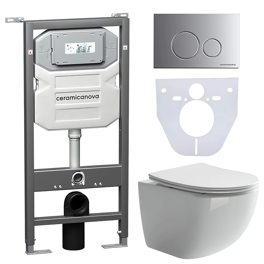 Комплект 4 в 1: Ceramica Nova CN3009_1001M_1000 Унитаз подвесной Forma Rimless + Инсталляция Envision + Шумоизоляция + Кнопка смыва Round (хром мат)