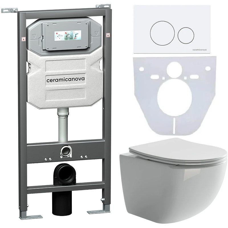Комплект 4 в 1: Ceramica Nova CN3009_1001W_1000 Унитаз подвесной Forma Rimless + Инсталляция Envision + Шумоизоляция + Кнопка смыва Round (белый)
