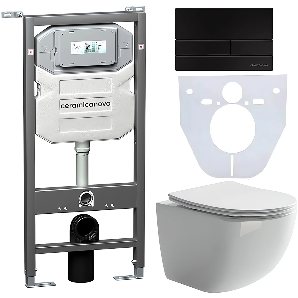 Комплект 4 в 1: Ceramica Nova CN3009_1002B_1000 Унитаз подвесной Forma Rimless + Инсталляция Envision + Шумоизоляция + Кнопка смыва Flat (черный матовый)