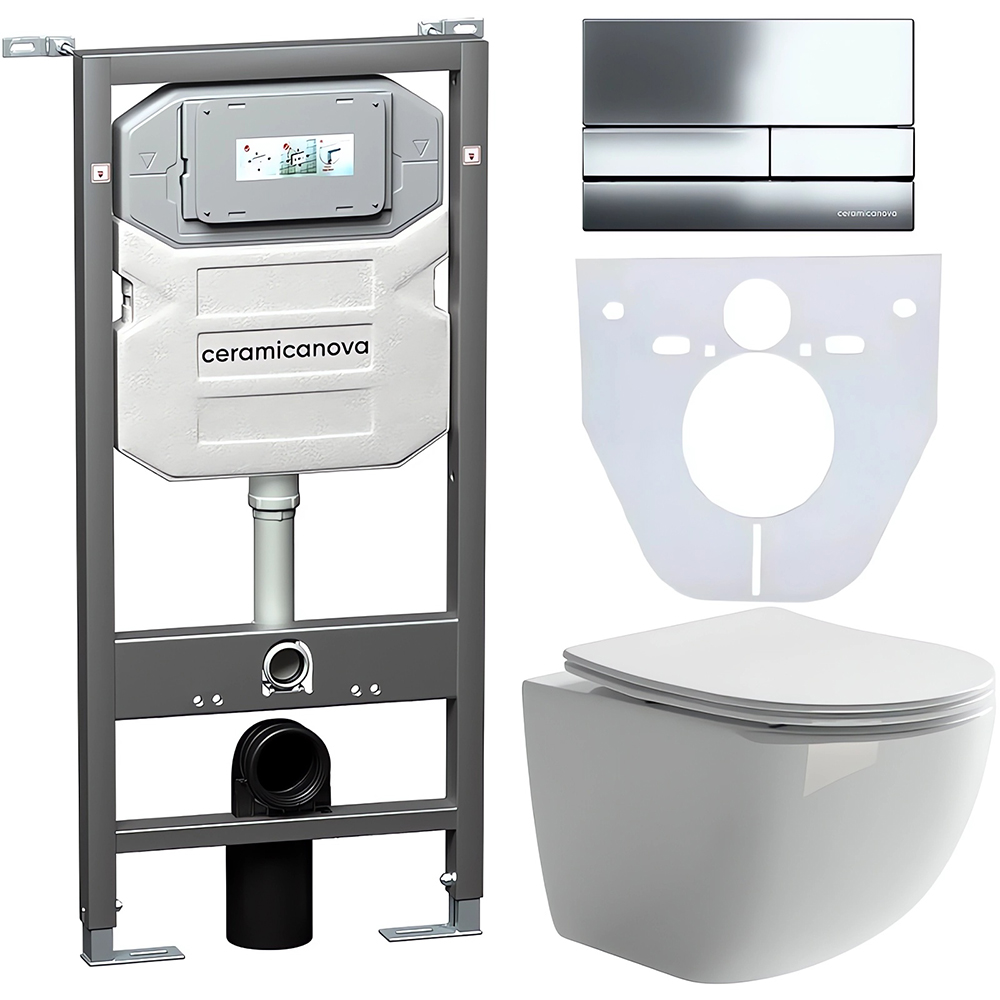 Комплект 4 в 1: Ceramica Nova CN3009_1002CH_1000 Унитаз подвесной Forma Rimless + Инсталляция Envision + Шумоизоляция + Кнопка смыва Flat (хром)
