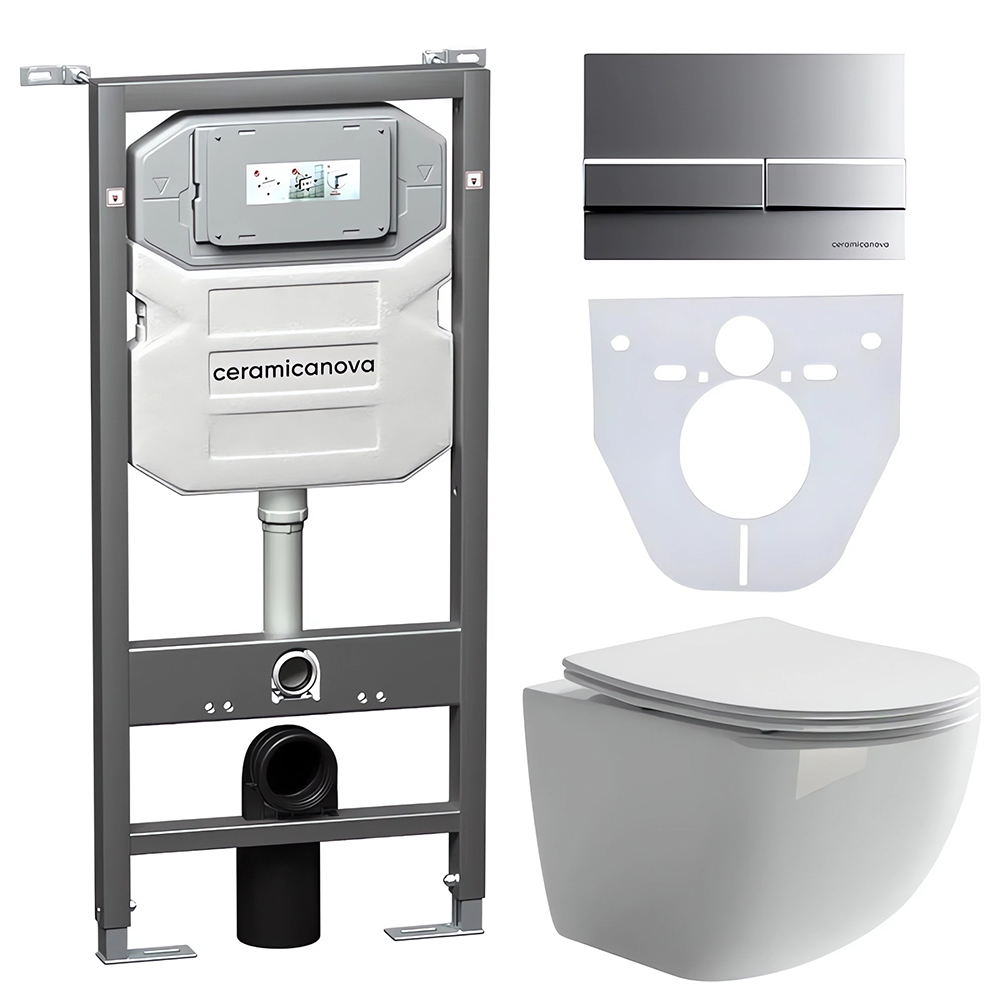 Комплект 4 в 1: Ceramica Nova CN3009_1002M_1000 Унитаз подвесной Forma Rimless + Инсталляция Envision + Шумоизоляция + Кнопка смыва Flat (хром мат)