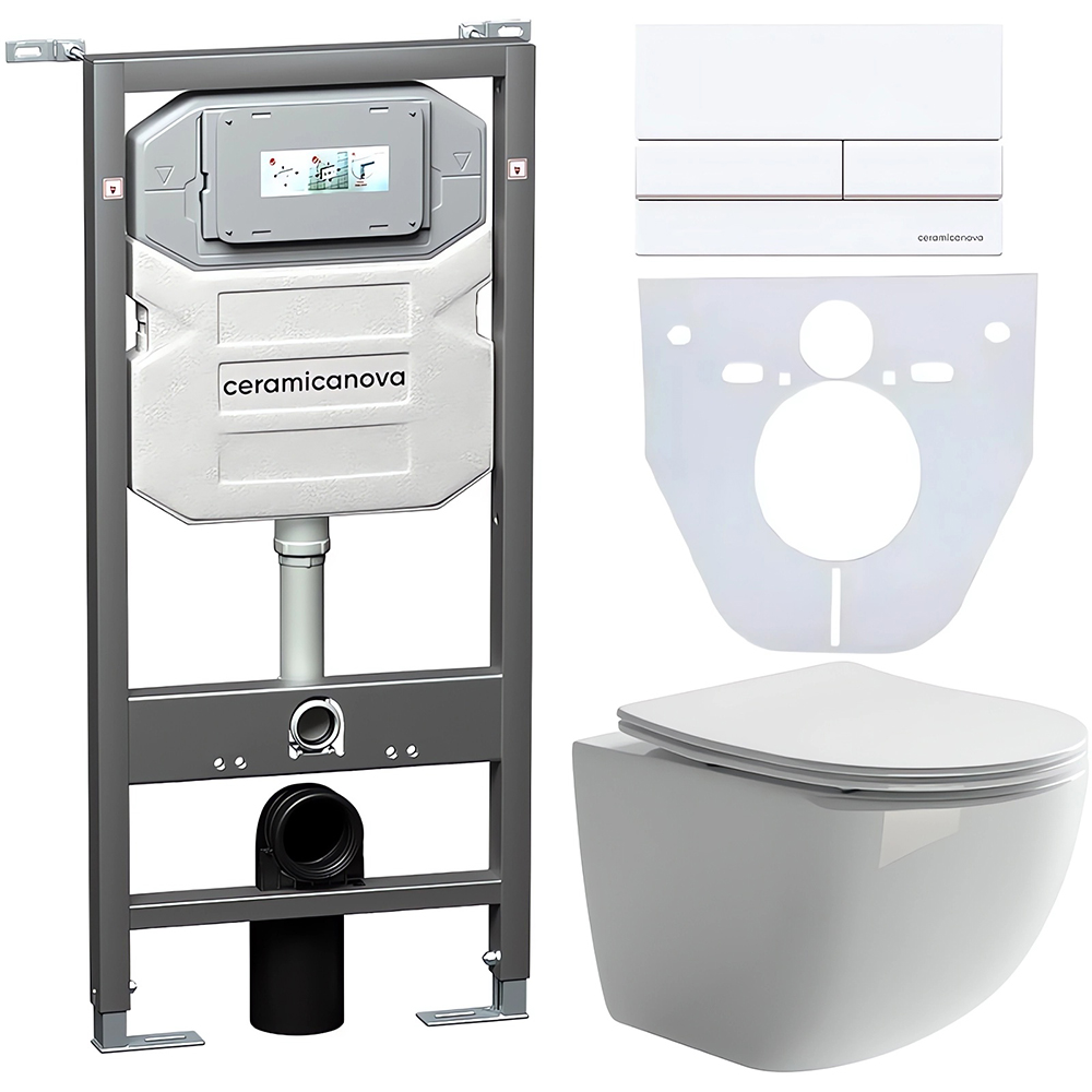 Комплект 4 в 1: Ceramica Nova CN3009_1002W_1000 Унитаз подвесной Forma Rimless + Инсталляция Envision + Шумоизоляция + Кнопка смыва Flat (белый)