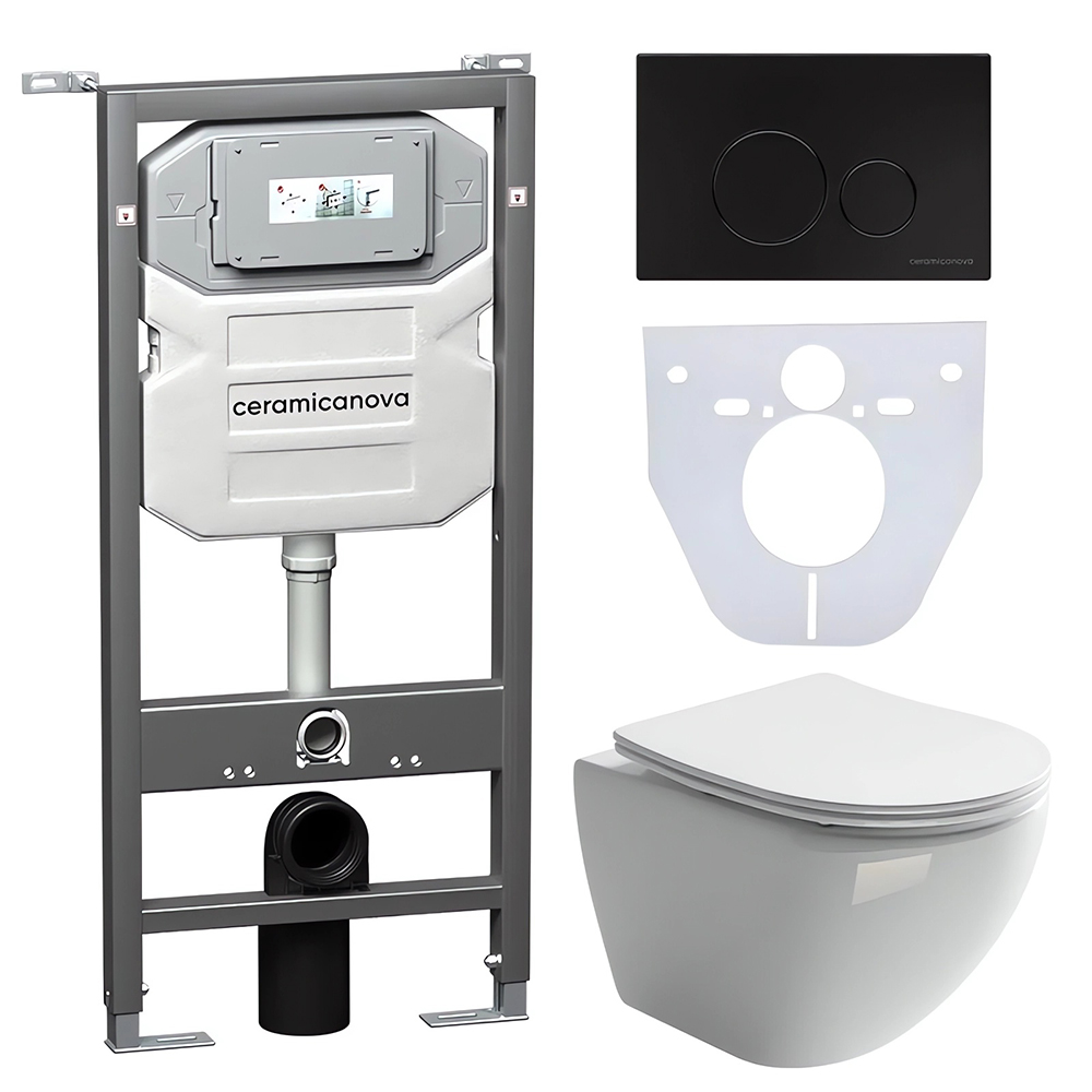 Комплект 4 в 1: Ceramica Nova CN4002_1001B_1000  Унитаз подвесной  Metropol Rimless + Инсталляция Envision + Шумоизоляция + Кнопка смыва Round (черный мат)