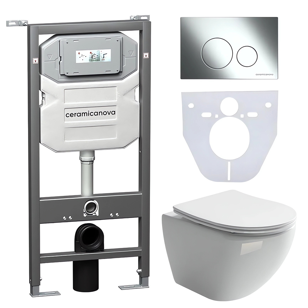 Комплект 4 в 1: Ceramica Nova CN4002_1001CH_1000 Унитаз подвесной Metropol Rimless + Инсталляция Envision + Шумоизоляция + Кнопка смыва Round (хром)