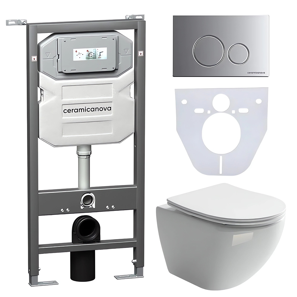 Комплект 4 в 1: Ceramica Nova CN4002_1001M_1000 Унитаз подвесной Metropol Rimless + Инсталляция Envision + Шумоизоляция + Кнопка смыва Round (хром мат)