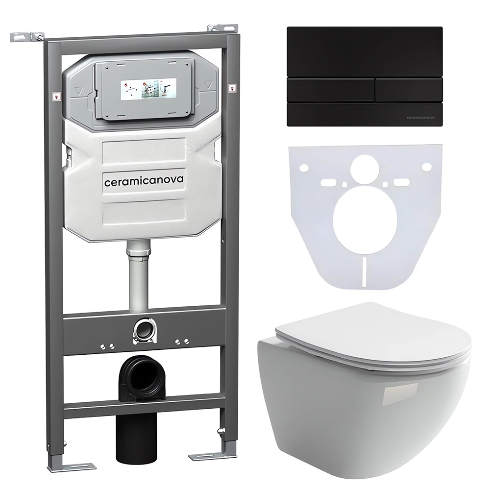 Комплект 4 в 1: Ceramica Nova CN4002_1002B_1000 Унитаз подвесной  Metropol Rimless + Инсталляция Envision + Шумоизоляция + Кнопка смыва Flat (черный мат)