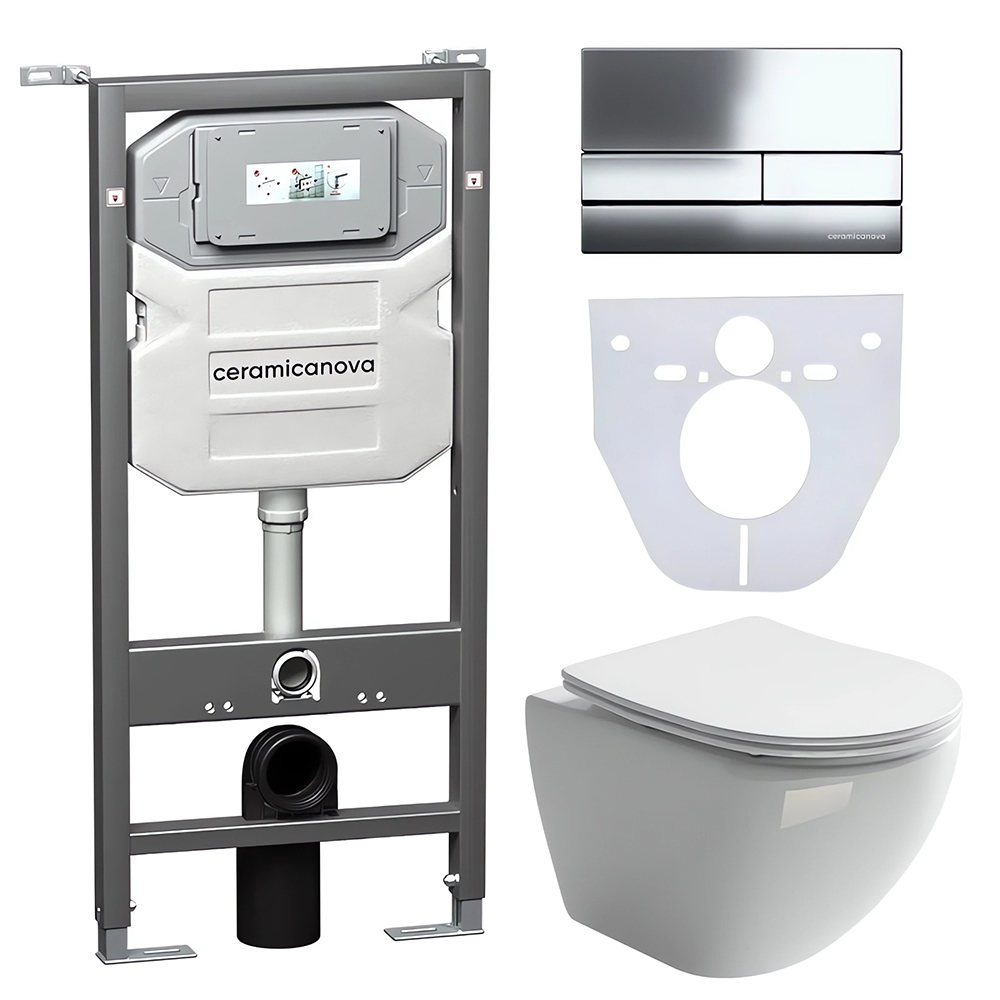 Комплект 4 в 1: Ceramica Nova CN4002_1002CH_1000 Унитаз подвесной  Metropol Rimless + Инсталляция Envision + Шумоизоляция + Кнопка смыва Flat (хром)