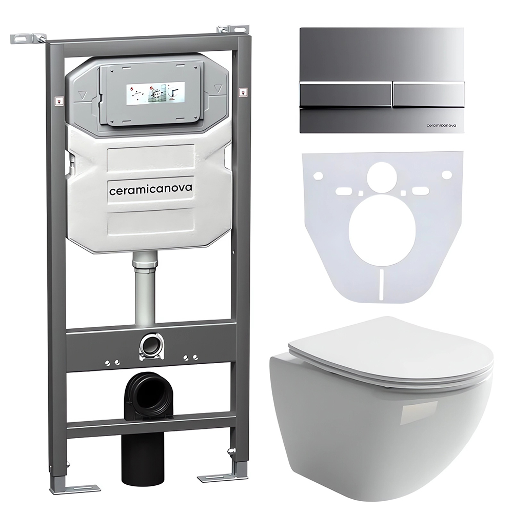 Комплект 4 в 1: Ceramica Nova CN4002_1002M_1000 Унитаз подвесной  Metropol Rimless + Инсталляция Envision + Шумоизоляция + Кнопка смыва Flat (хром мат)