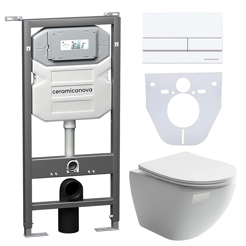 Комплект 4 в 1: Ceramica Nova CN4002_1002W_1000 Унитаз подвесной  Metropol Rimless + Инсталляция Envision + Шумоизоляция + Кнопка смыва Flat (белый)