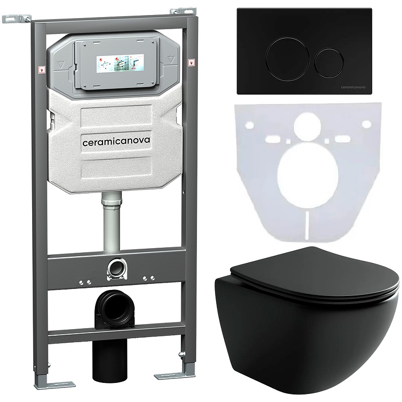 Комплект 4 в 1: Ceramica Nova CN4002MB_1001B_1000 Унитаз подвесной  Metropol Rimless + Инсталляция Envision + Шумоизоляция + Кнопка смыва Round (чёрный матовый)