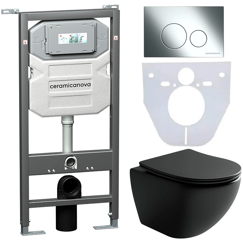 Комплект 4 в 1: Ceramica Nova CN4002MB_1001CH_1000 Унитаз подвесной  Metropol Rimless + Инсталляция Envision + Шумоизоляция + Кнопка смыва Round (хром)