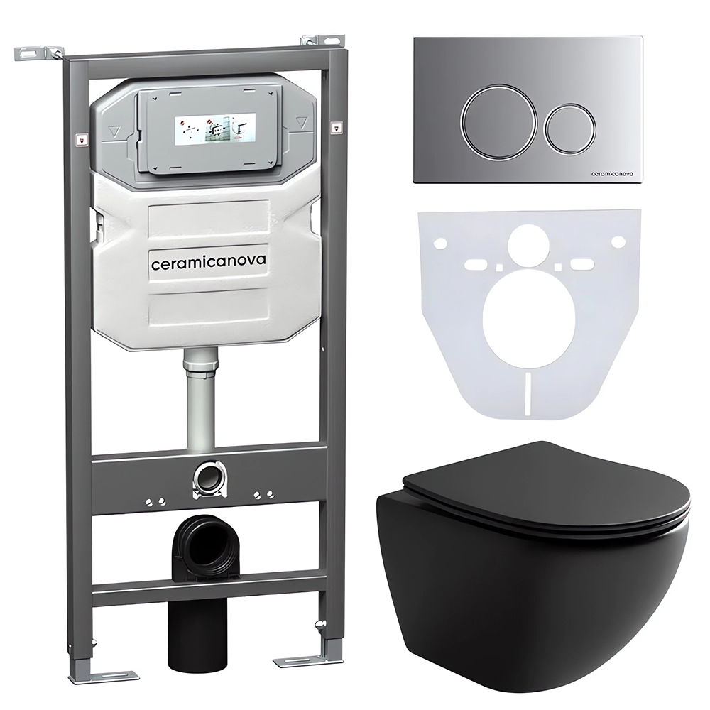 Комплект 4 в 1: Ceramica Nova CN4002MB_1001M_1000 Унитаз подвесной  Metropol Rimless + Инсталляция Envision + Шумоизоляция + Кнопка смыва Round (хром мат)
