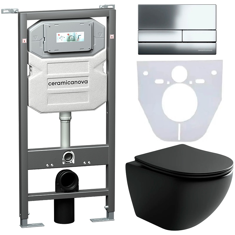 Комплект 4 в 1: Ceramica Nova CN4002MB_1002CH_1000 Унитаз подвесной  Metropol Rimless + Инсталляция Envision + Шумоизоляция + Кнопка смыва Flat (хром)
