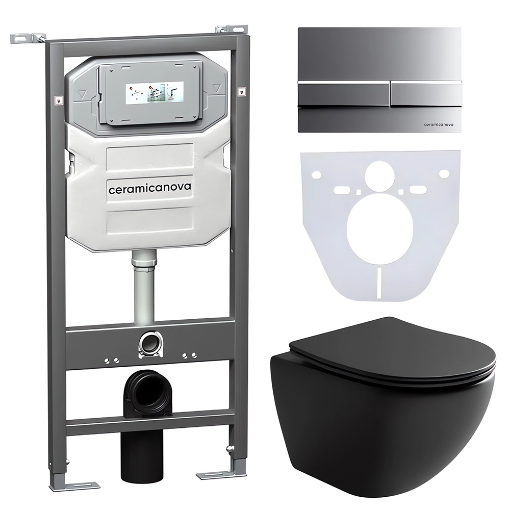 Комплект 4 в 1: Ceramica Nova CN4002MB_1002M_1000 Унитаз подвесной  Metropol Rimless + Инсталляция Envision + Шумоизоляция + Кнопка смыва Flat (хром мат)