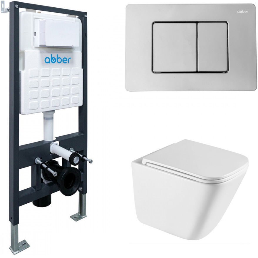 Комплект подвесной унитаз с инсталляцией и кнопкой Abber Rechteck AC1219TC-AC0105-AC0120 (белый, хром глянцевый)