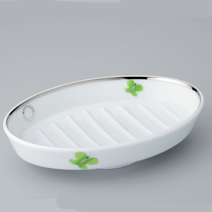 Мыльница фарфоровая настольная THG Capucine Vert Decor Platine A7E-A02-4607 (платина, зеленый, белый)