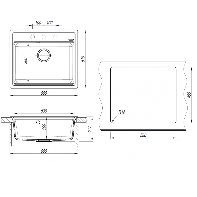 Мойка кухонная Abber Quarz AQ2902B 60х51 (черный), слив-перелив