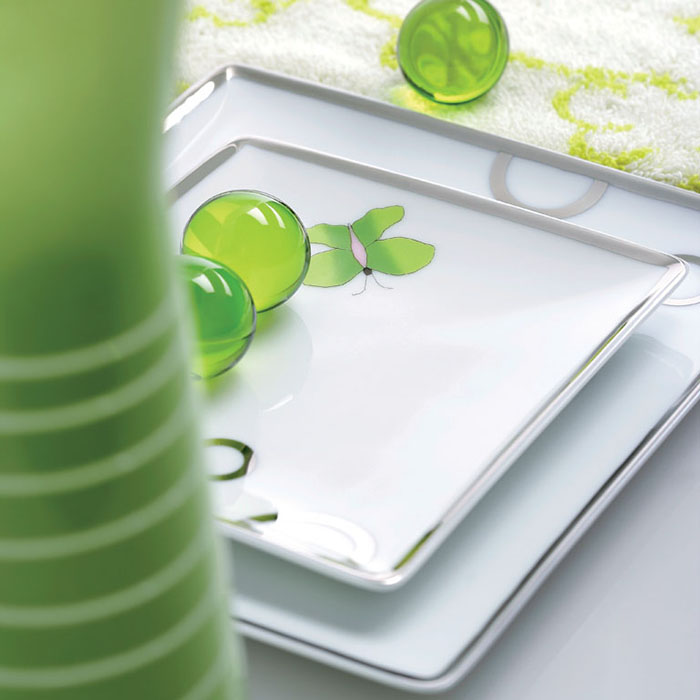 Поднос фарфоровый настольный 12.2х11см. THG Capucine Vert Decor Platine A7E-A02-4612 (платина, зеленый, белый)