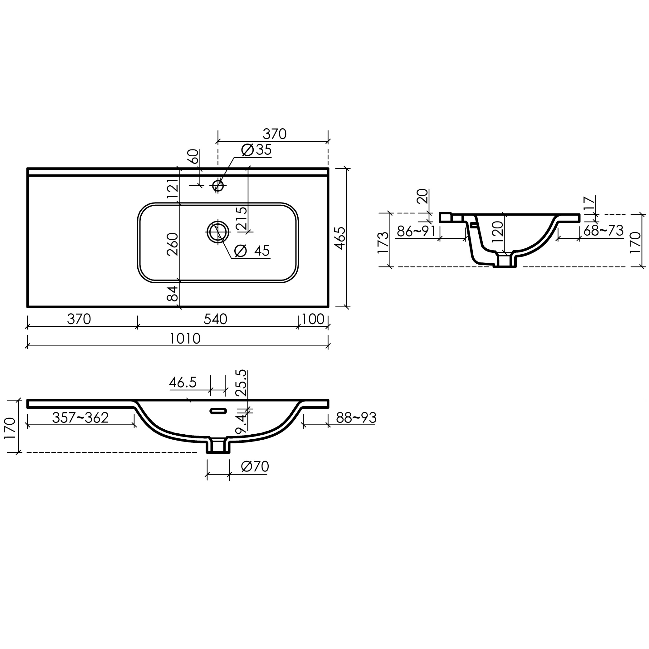 Раковина накладная Ceramicanova Element CN7003R 101x46.5 (белый), без донного клапана, правая