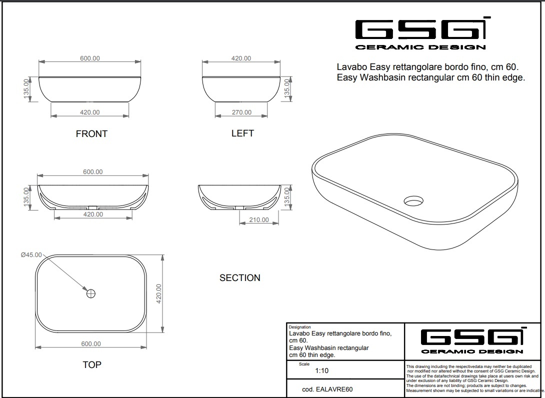 Раковина накладная GSG Easy EALAVRE60000 60x42 (белый глянцевый)