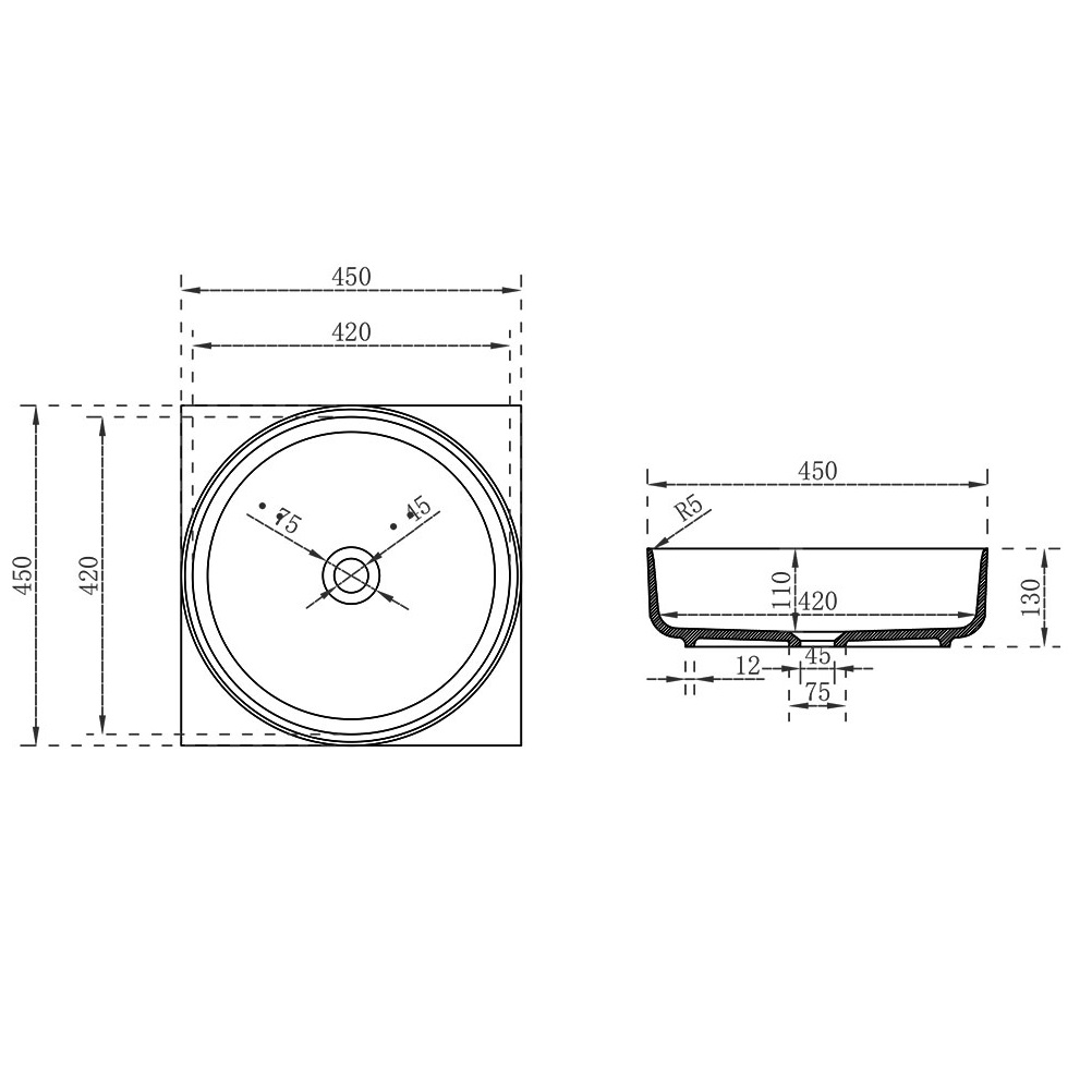 Раковина накладная Vincea Solid surface VBS-6S16MW 45x45x13 (белый матовый)