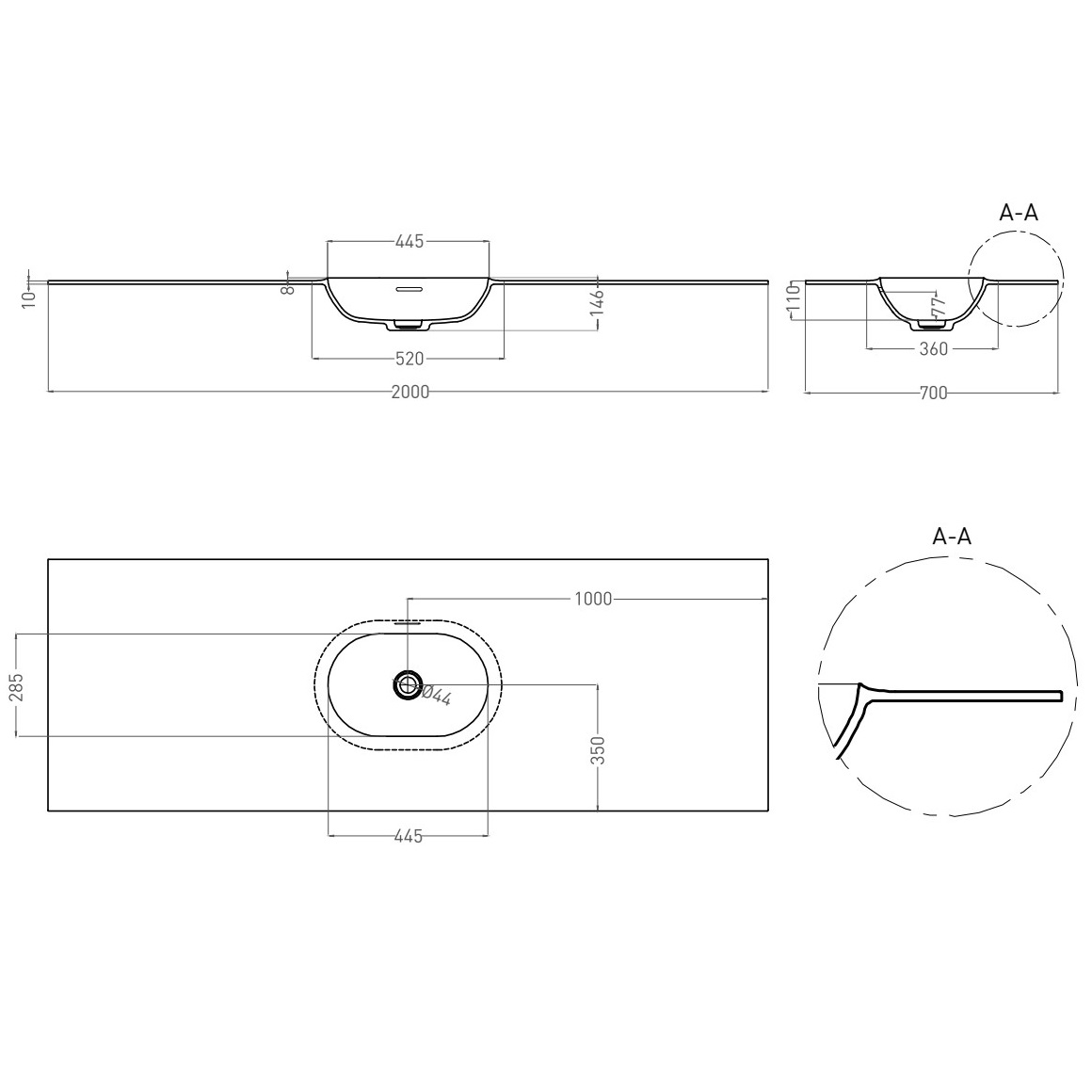 Раковина подвесная Salini S-Stone Onda Edge Oval 14022041MF 200x70x14.6 (покраска полностью, матовый), с донным клапаном