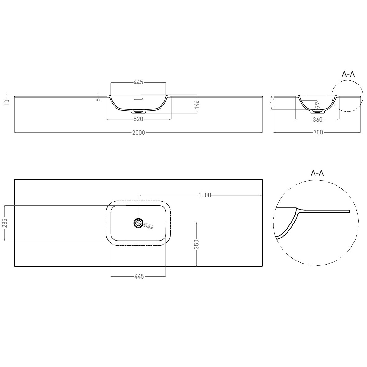 Раковина подвесная Salini S-Stone Onda Edge Round 14022051MF 200x70x14.6 (покраска по RAL полностью, матовый), с донным клапаном
