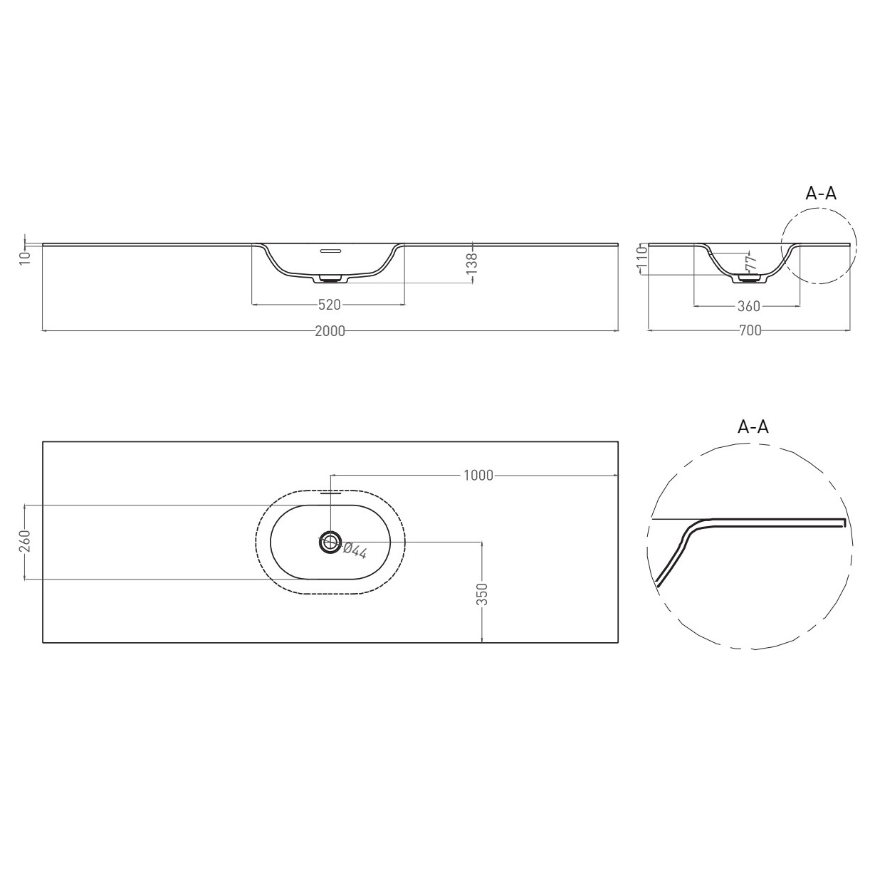 Раковина подвесная Salini S-Stone Onda Flow Oval 1402204M 200x70x13.8 (белый матовый), с донным клапаном