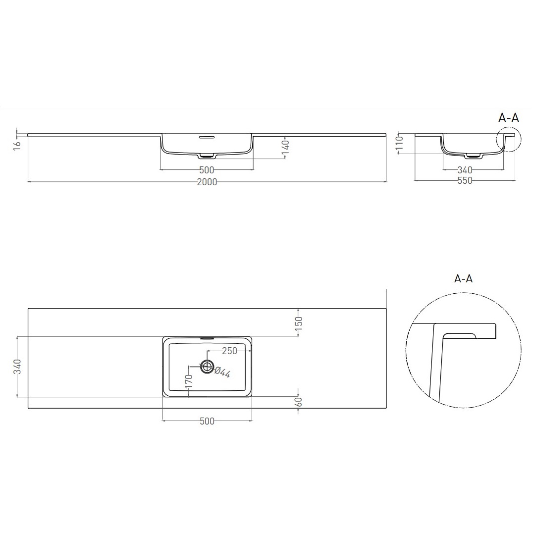 Раковина подвесная Salini S-Stone Onda Plus 1402203MF 200x55x14 (покраска по RAL полностью, матовый), с донным клапаном
