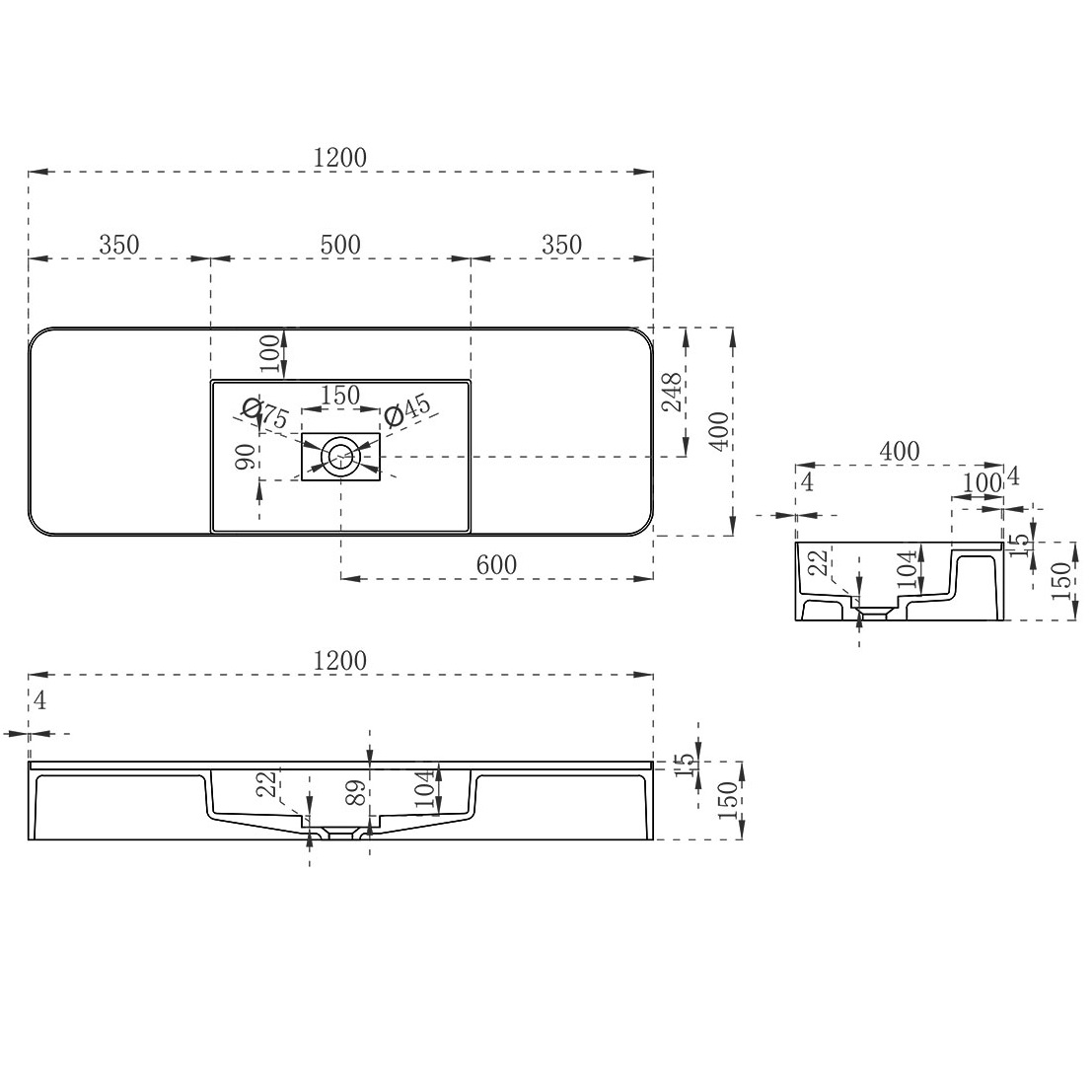 Раковина подвесная Vincea Solid surface VWB-6S312MW 120x40 (белый матовый)