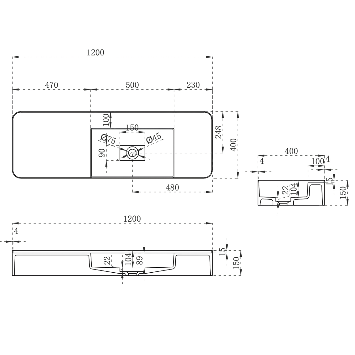 Раковина подвесная Vincea Solid surface VWB-6S412MW 120x40 (белый матовый)