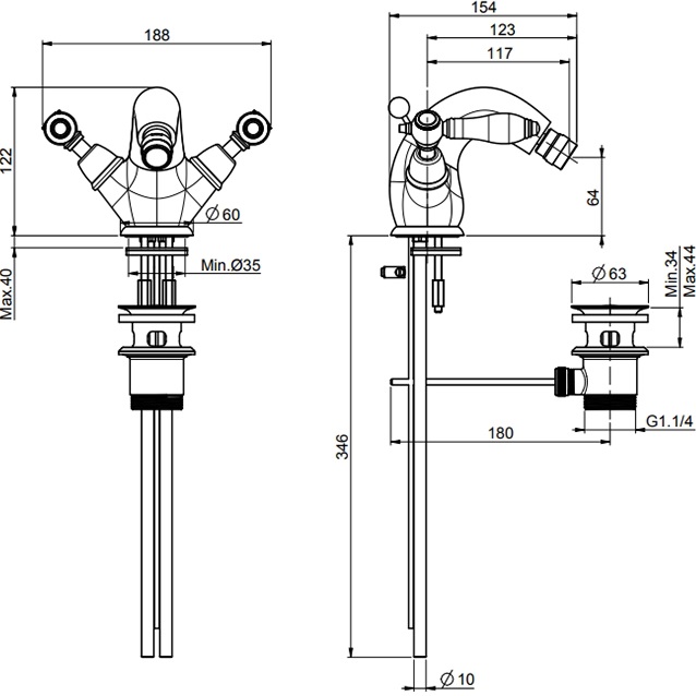 Смеситель для биде Fima Carlo Frattini Herend F5432CNOR (золотой, черные ручки), с донным клапаном