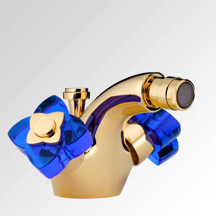 Смеситель для биде THG Petale de cristal bleu U6B-F01-3202 (золотой, синий хрусталь), с донным клапаном