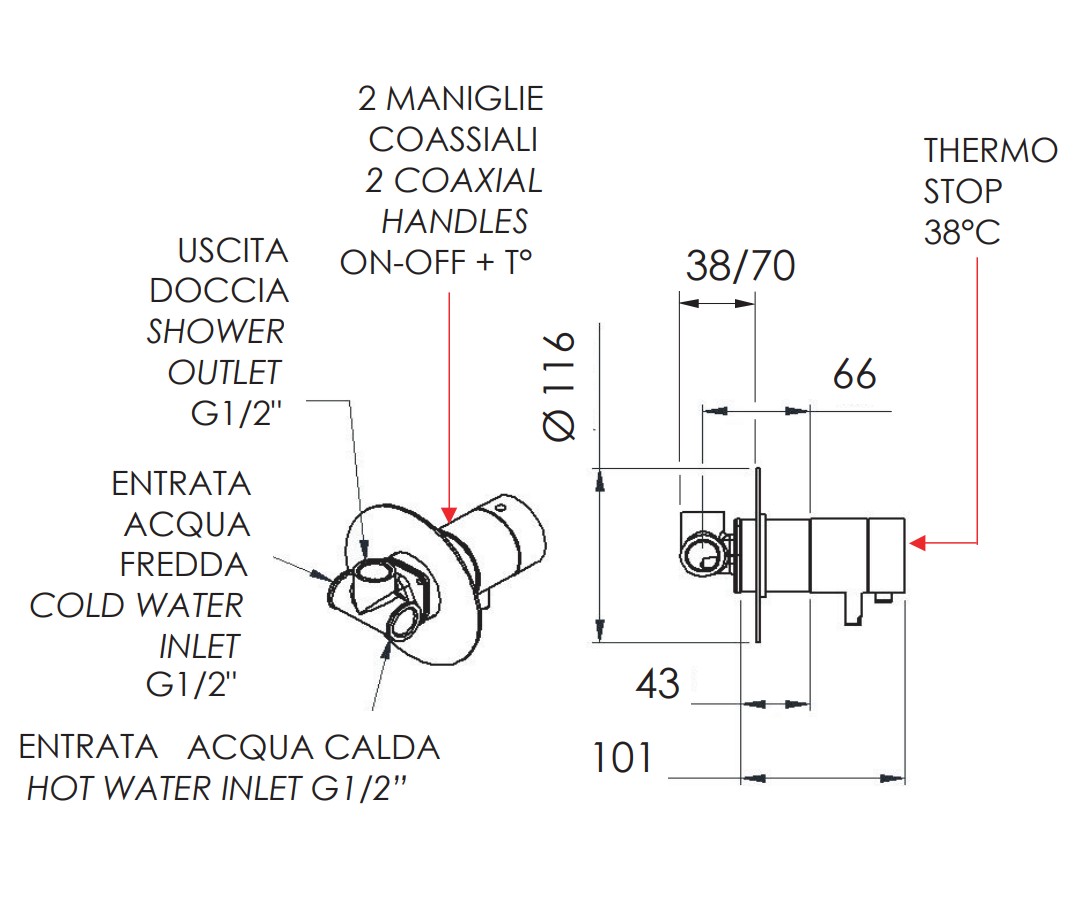Смеситель для душа Remer Minimal Thermo NT30 (хром), 1 поток, с термостатом, скрытая часть в комплекте