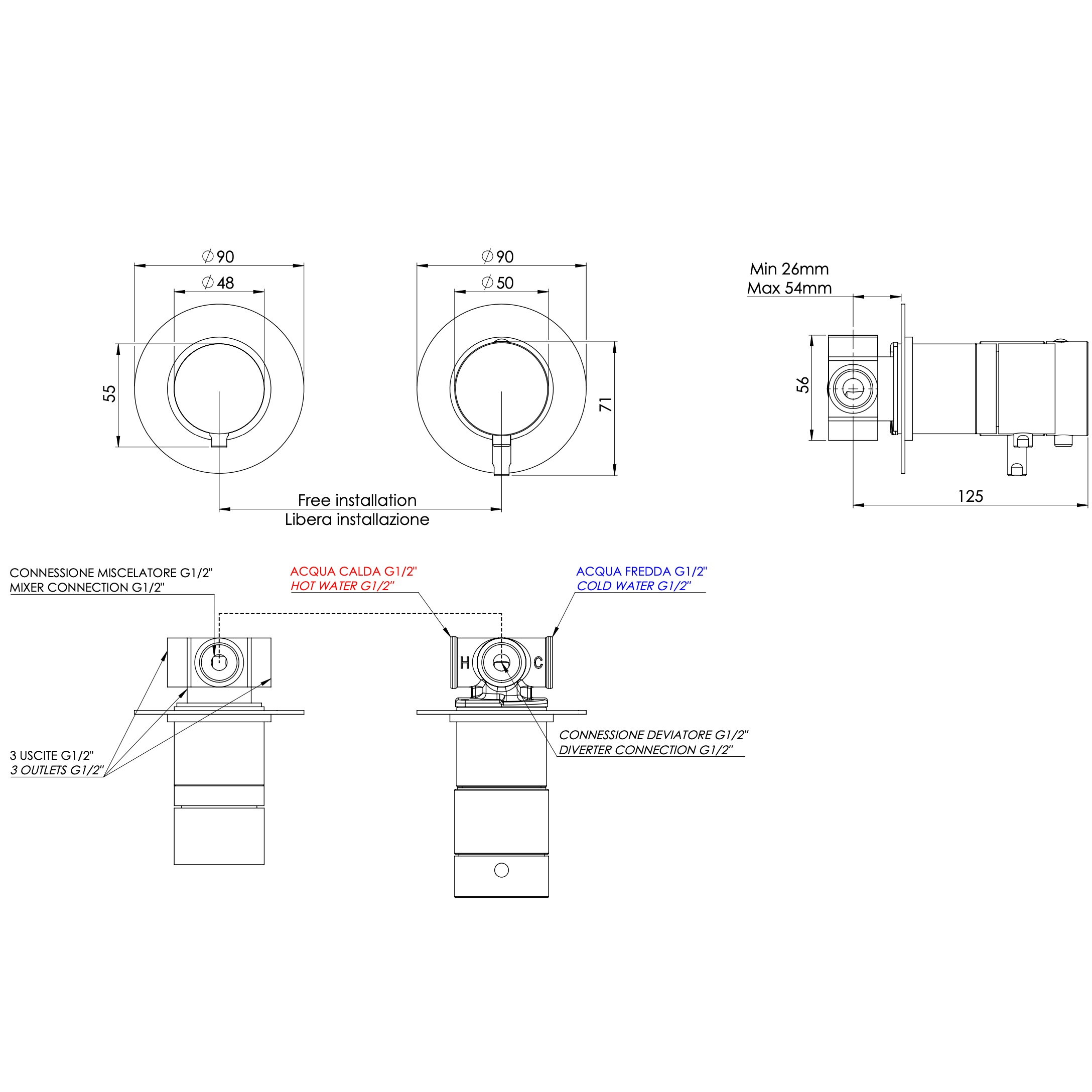 Смеситель для душа скрытого монтажа Remer X Style XT96D3RP (медь брашированная), с термостатом