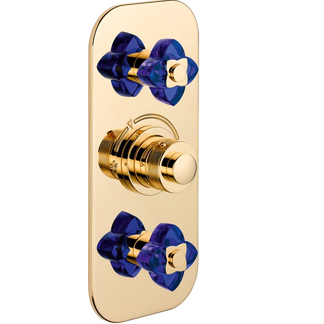 Смеситель для душа скрытого монтажа THG Petale de cristal bleu U6B-F01-5400BE (золотой, синий хрусталь), с термостатом, на 2 источника