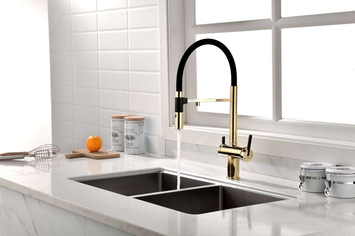 Смеситель для кухни Paulmark Gravity Gr213188-G (золото), с краном для питьевой воды