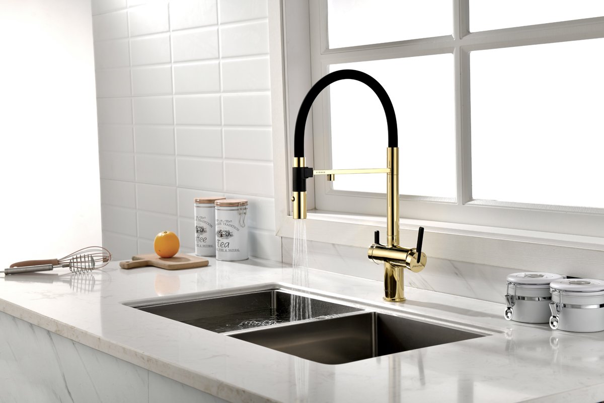 Смеситель для кухни Paulmark Gravity Gr213188-G (золото), с краном для питьевой воды