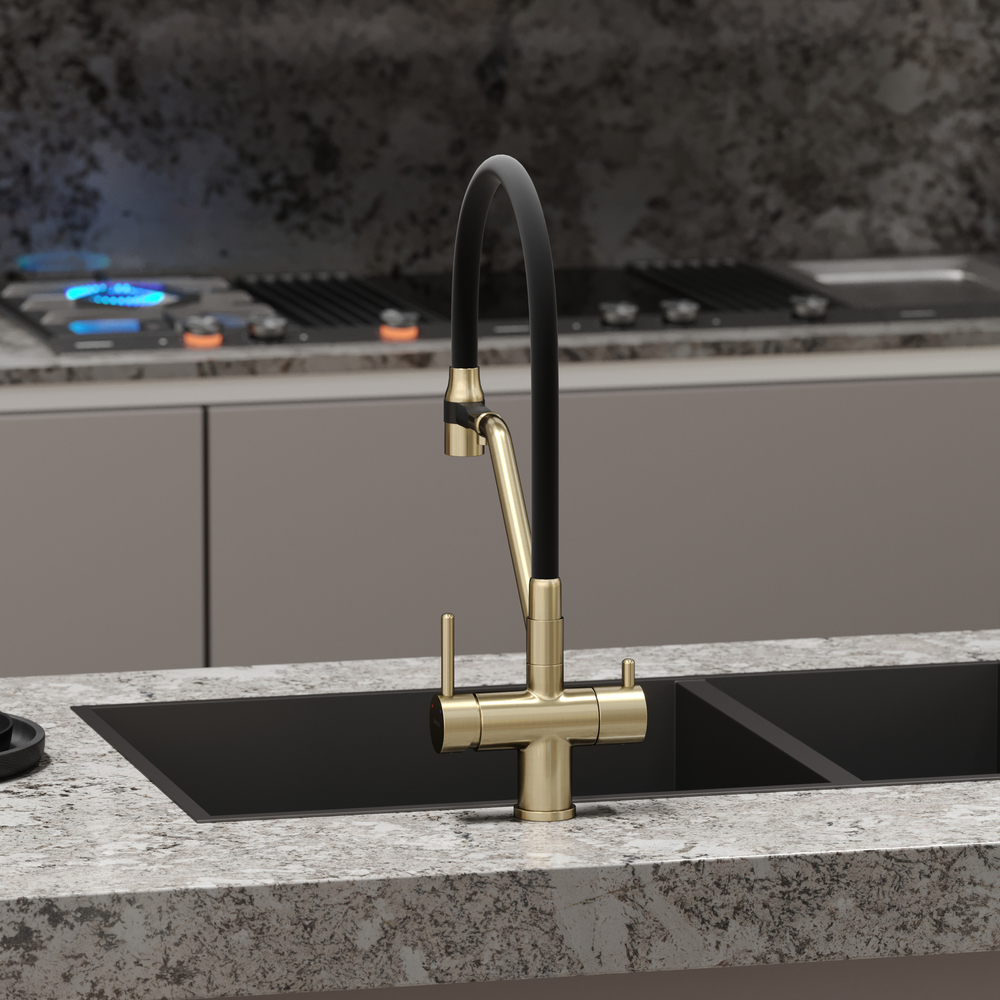 Смеситель для кухни Sancos Дора (Dora) SC4003BG (брашированное золото), с гибким изливом, с подключением к фильтру