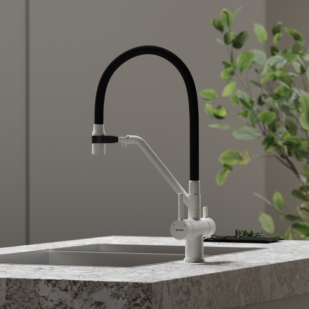 Смеситель для кухни Sancos Дора (Dora) SC4003GR (белый гранит), с гибким изливом, с подключением к фильтру