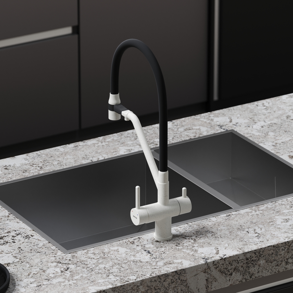 Смеситель для кухни Sancos Дора (Dora) SC4003GR (белый гранит), с гибким изливом, с подключением к фильтру