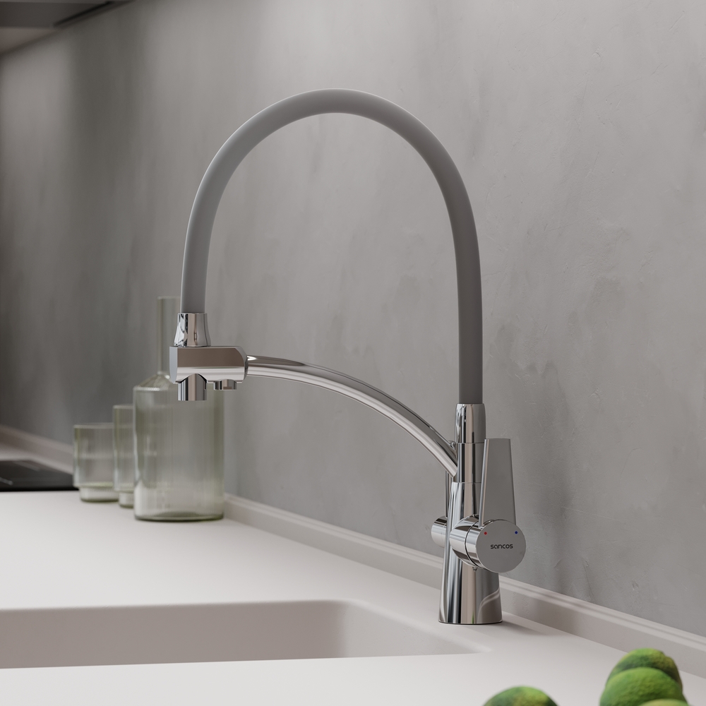 Смеситель для кухни Sancos Эри (Eri) SC4001CH (хром/серый), с гибким изливом, с подключением к фильтру