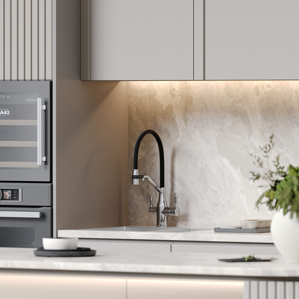 Смеситель для кухни Sancos Орта (Orta) SC4008CH (хром/черный), с гибким изливом, с подключением к фильтру