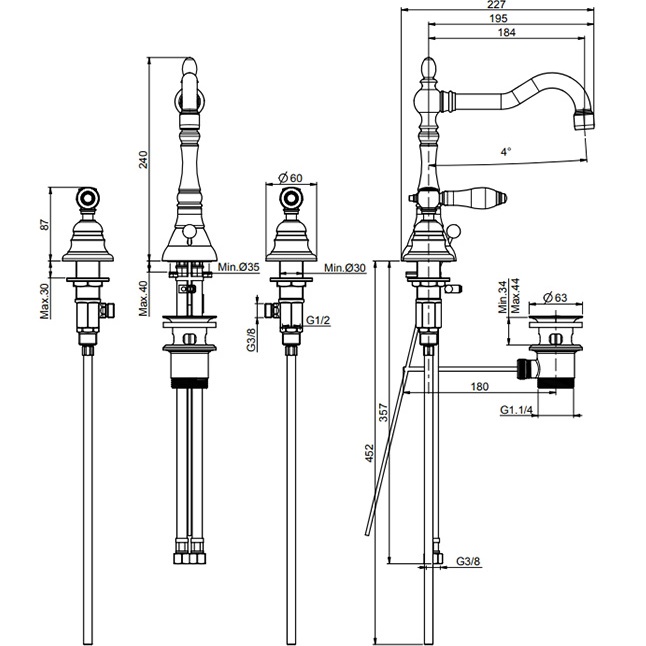 Смеситель для раковины Fima Carlo Frattini Herend F5401CNOR (золотой, черные ручки), с донным клапаном