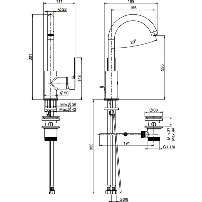 Смеситель для раковины Fima Carlo Frattini Mast F3151NS.1 (черный матовый), с донным клапаном