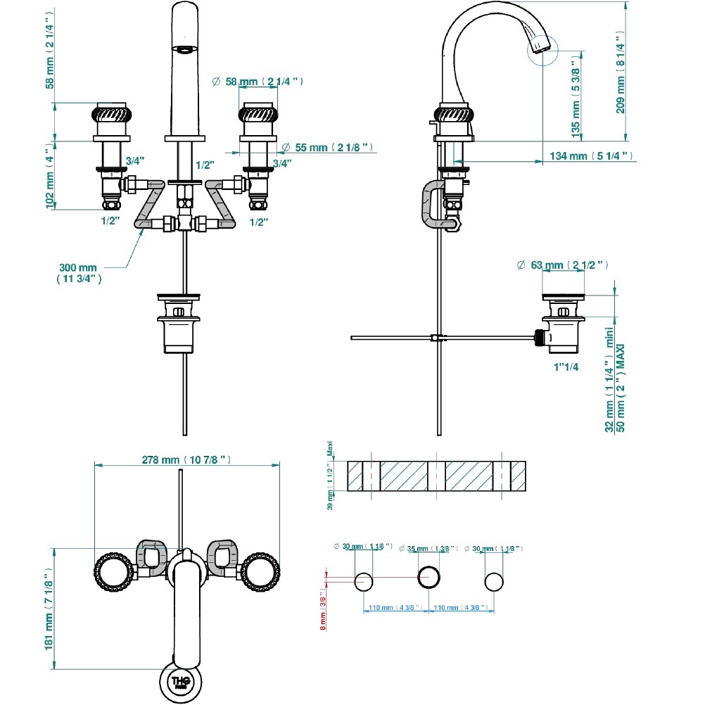 Смеситель для раковины THG Diplomate Roped Rings U4C-G02-151 (хром, золотой), с донным клапаном